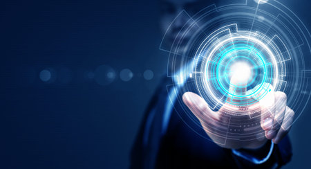 Businessman in suit working with digital vurtual screen