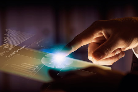 Close up of human hands using virtual panel