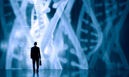 Businessman standing with back and virtual panel with dna spiral