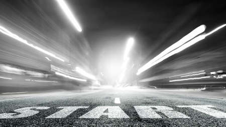 Conceptual image with word start on asphalt roadの写真素材