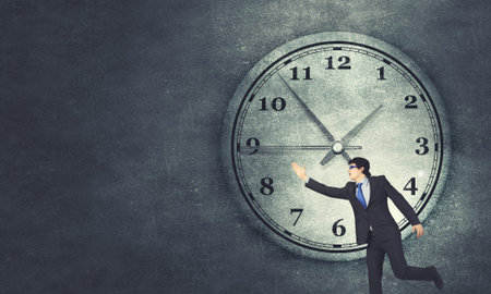 Concept of time with funny businessman running in a hurry