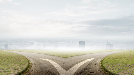 Concept of choice with crossroads spliting in two waysの写真素材