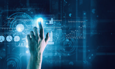 Close up of businessman touching virtual panel with finger