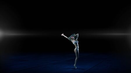 Hot young dancing woman in white bikini on dark backgroundの写真素材