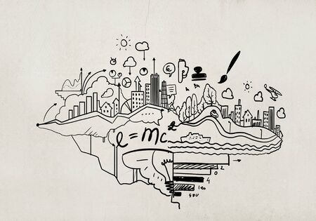 Background image with business sketches on white backdropの写真素材