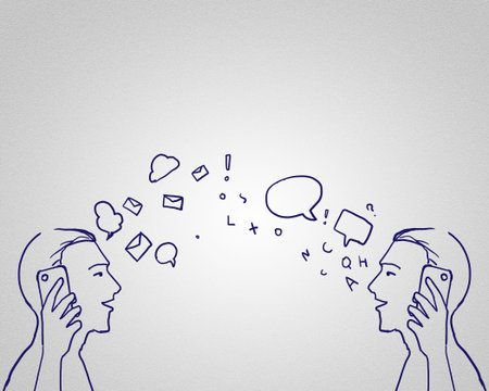 Hand drawn sketch of two men talking mobile phonesの写真素材