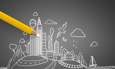 Pencil drawing big modern city with skyscrapersの写真素材