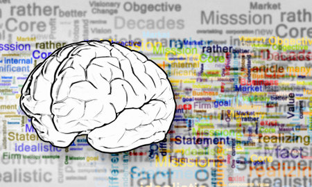 Sketch of human brain and business ideas and strategy on white background