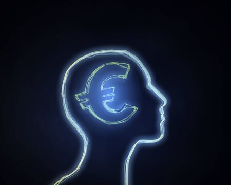 Human head and brain with euro sign on dark backgroundの写真素材