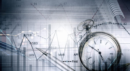 Pocket watch and business concepts on digital background