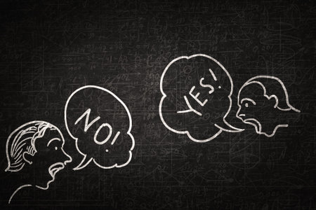 Close up of hand drawing dialogue between two on black wallの写真素材