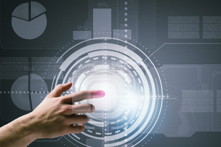 Businessman hand pushing icon on touch screen interface