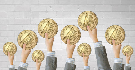 Crowd of people holding one cent coin