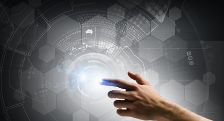 Businessman hand pushing icon on touch screen interface