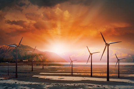 Some windmills standing in desert. Power and energy concept