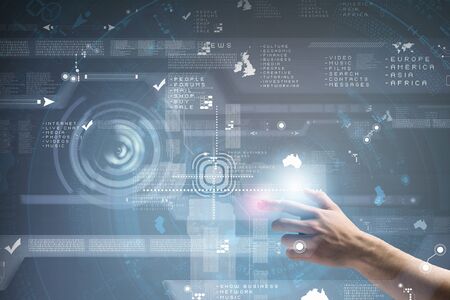 Businessman hand pushing icon on touch screen interfaceの写真素材