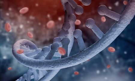 Biochemistry background concept with high tech dna molecule and blood cellsの写真素材
