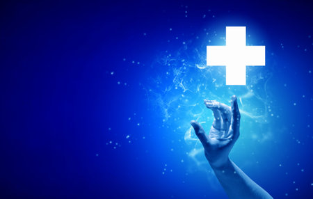 Hand pressing plus sign icon button on blue screenの写真素材