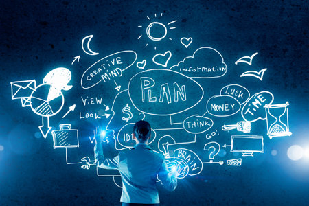 Rear view of businesswoman working with virtual panelの写真素材