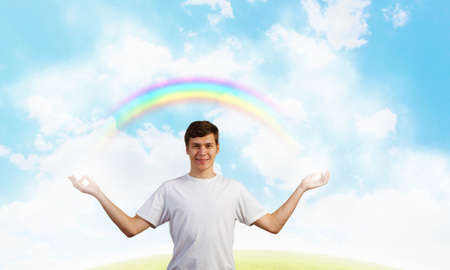 Young man representing soul balance and meditation conceptの写真素材