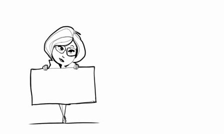Caricature of woman with blank banner on white backgroundの写真素材