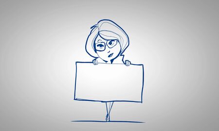 Caricature of woman with blank banner on white backgroundの写真素材