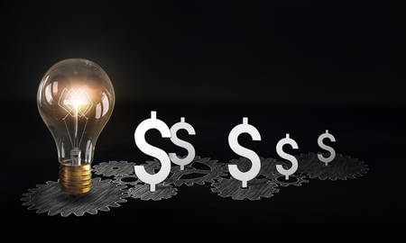 Conceptual image of gears and cogwheels drawn with chalkの写真素材