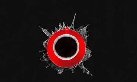 Top view of cup of coffee and sketches of traveling conceptの写真素材