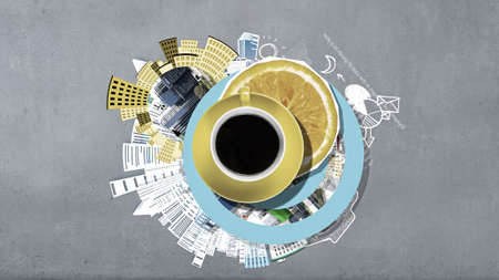 Top view of cup of coffee on color backgroundの写真素材