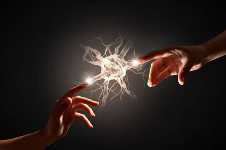 Close up of human hands touching with fingersの写真素材