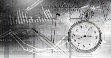 Pocket watch and business concepts on digital background