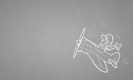 Cartoon image with drawn pilot sitting in flying planeの写真素材