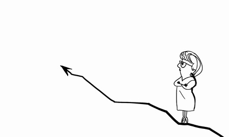 Caricature of woman standing on arrow on white backgroundの写真素材