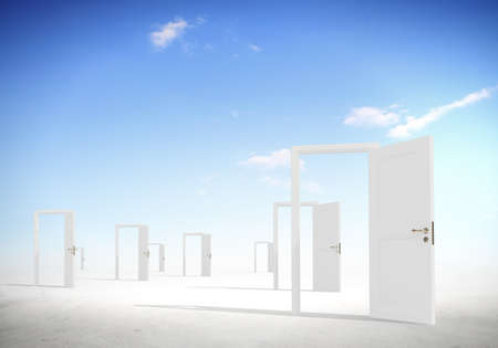 Conceptual image with opened doors as new way entrance to new worldの写真素材