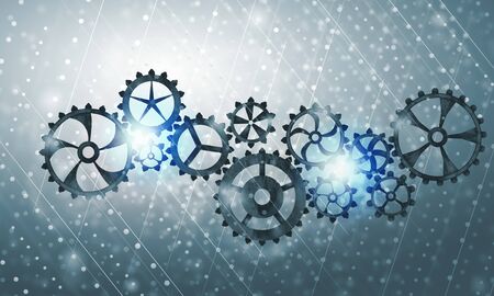 Mechanism of metal gears and cogwheels on blue background