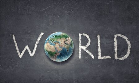 Word world with Earth planet instead of letter O. Elements of this image are furnished by NASAの写真素材