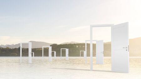 Conceptual image with opened doors as new way entrance to new world