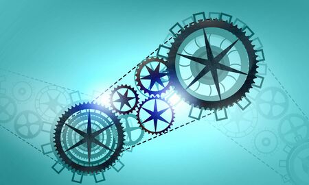 Mechanism of metal gears and cogwheels on blue backgroundの写真素材