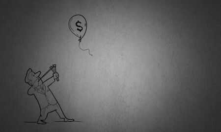 Caricature of businessman shooting in flying dollar balloonの写真素材