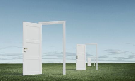 Conceptual image with opened doors as new way entrance to new world