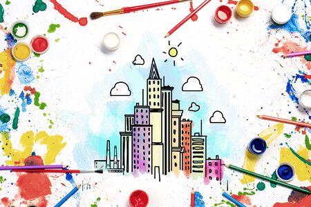 Colorful sketch of construction project on white paperの写真素材