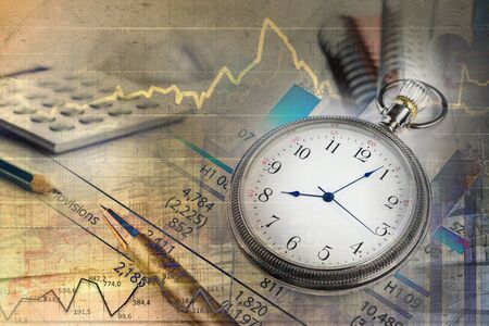 Pocket watch and business concepts on digital background
