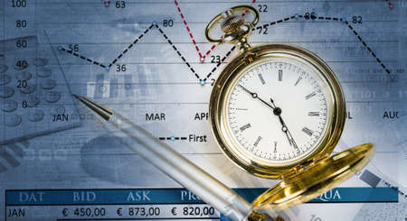 Pocket watch and business concepts on digital background