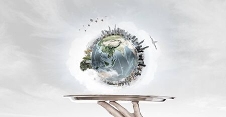 Hand of waiter holding tray with Earth planet. の写真素材