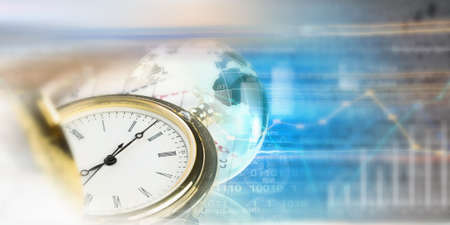 Pocket watch and business concepts on digital background