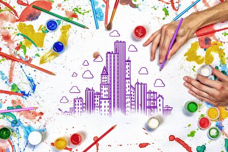 Colorful sketch of construction project on white paperの写真素材