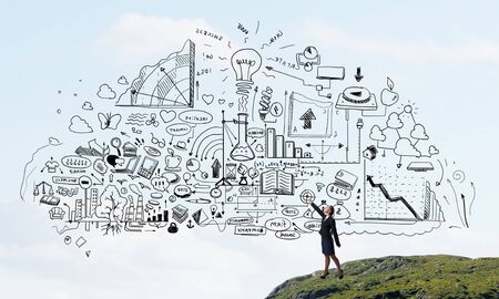 Young businesswoman catch with hand sketched business planの写真素材