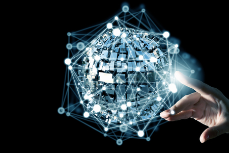 Global connection concept with digital planet in handsの写真素材