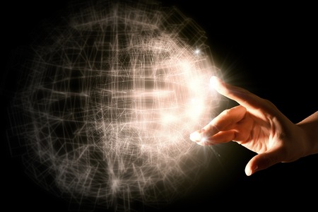 Global connection concept with digital planet in handsの写真素材