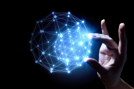 Global connection concept with digital planet in handsの写真素材